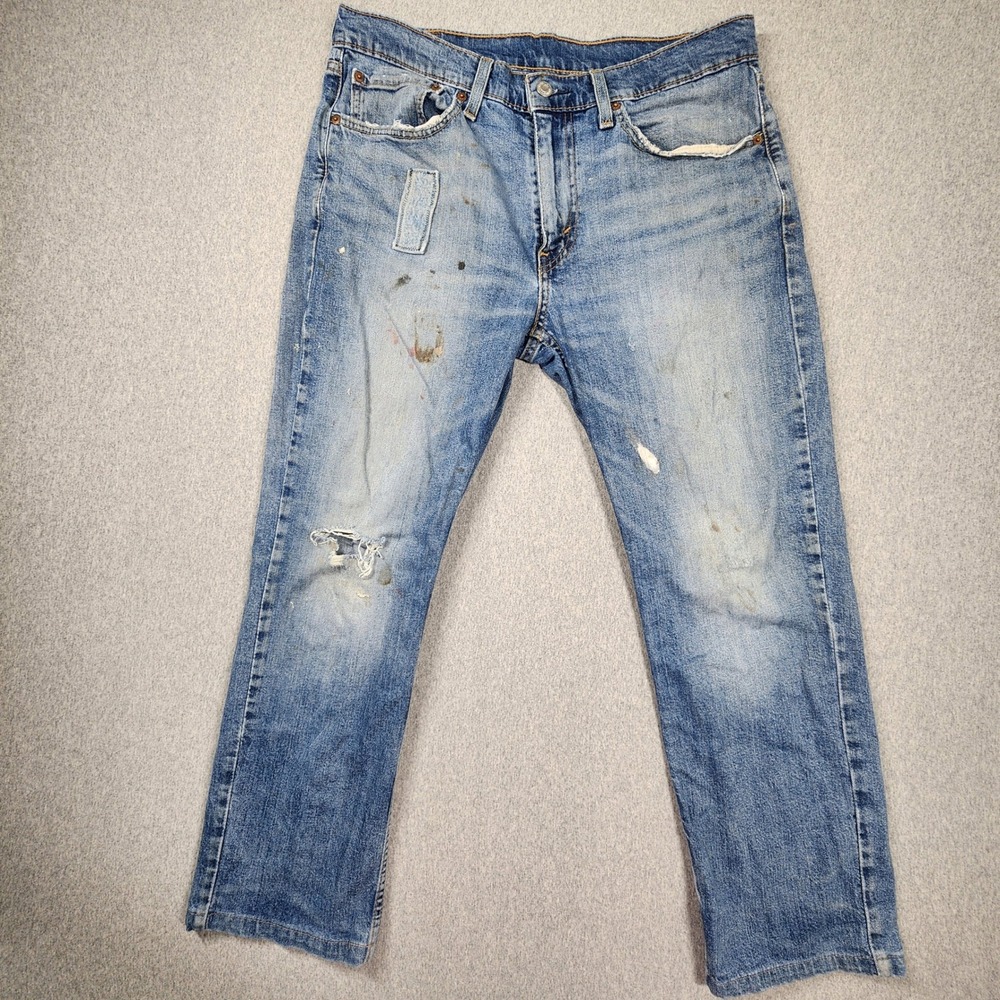 Levi's 514 Straight Jeans Mens 34x30 Blue Fair Distressed Paint Splatter Patch